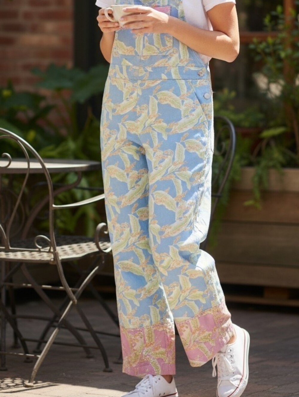 Faith By Celia Forrester Printed Blue Floral Overalls Pants with Pink Sequin Hem